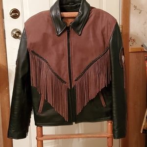 Brown and black leather fringed jacket